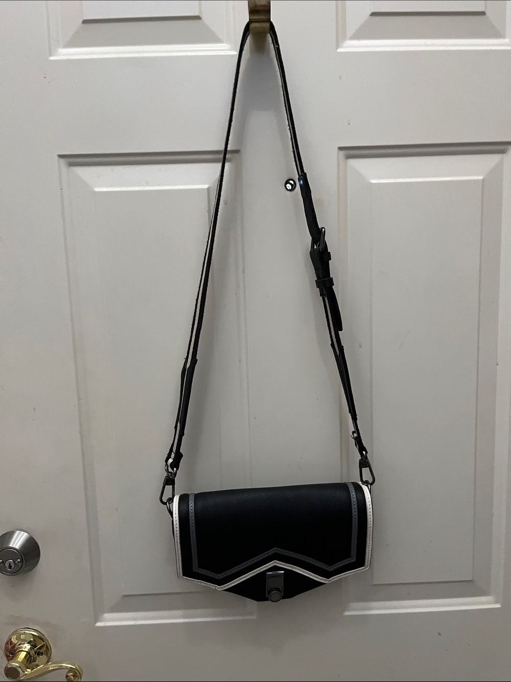 Black Messenger Crossbody Bag with Silver and Cream Trim